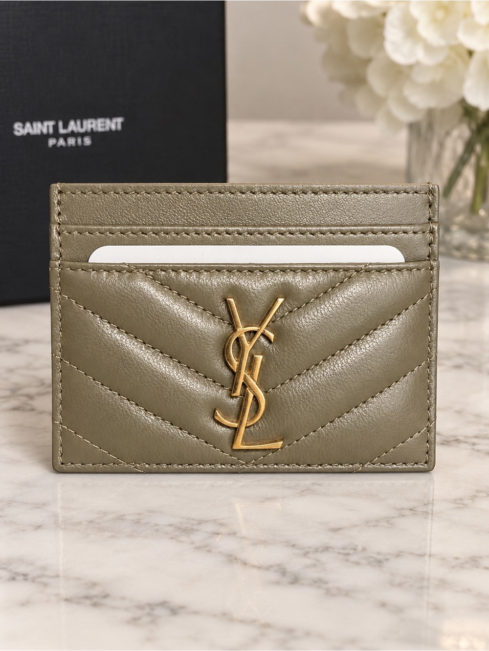 Saint Laurent YSL Monogram Quilted Leather Card Holder – Olive Khaki / Gold